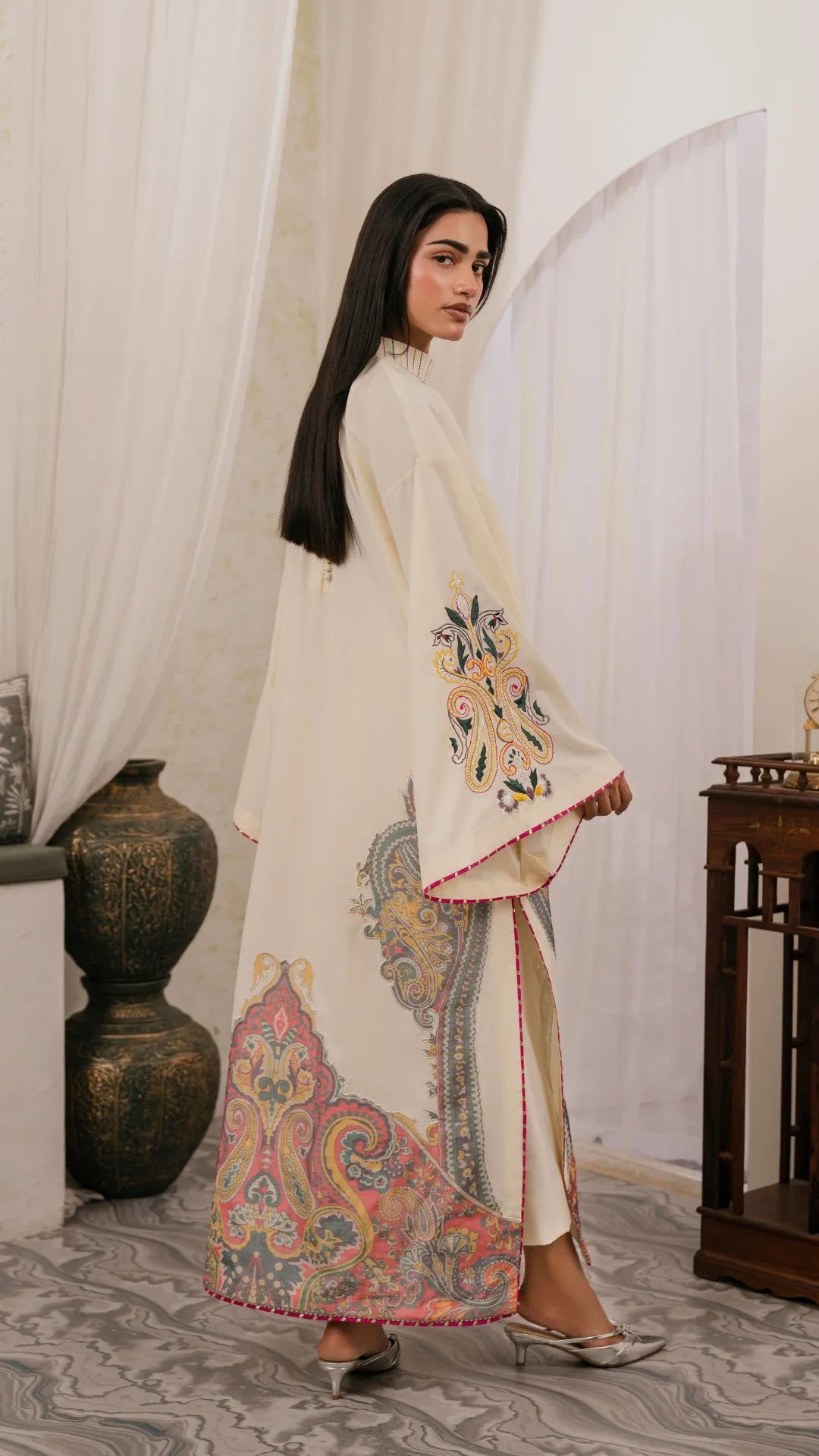 Ivory Sultanah festive formal outfit by Rubina Irfan, Eid-e-Nazakat collection, side view
