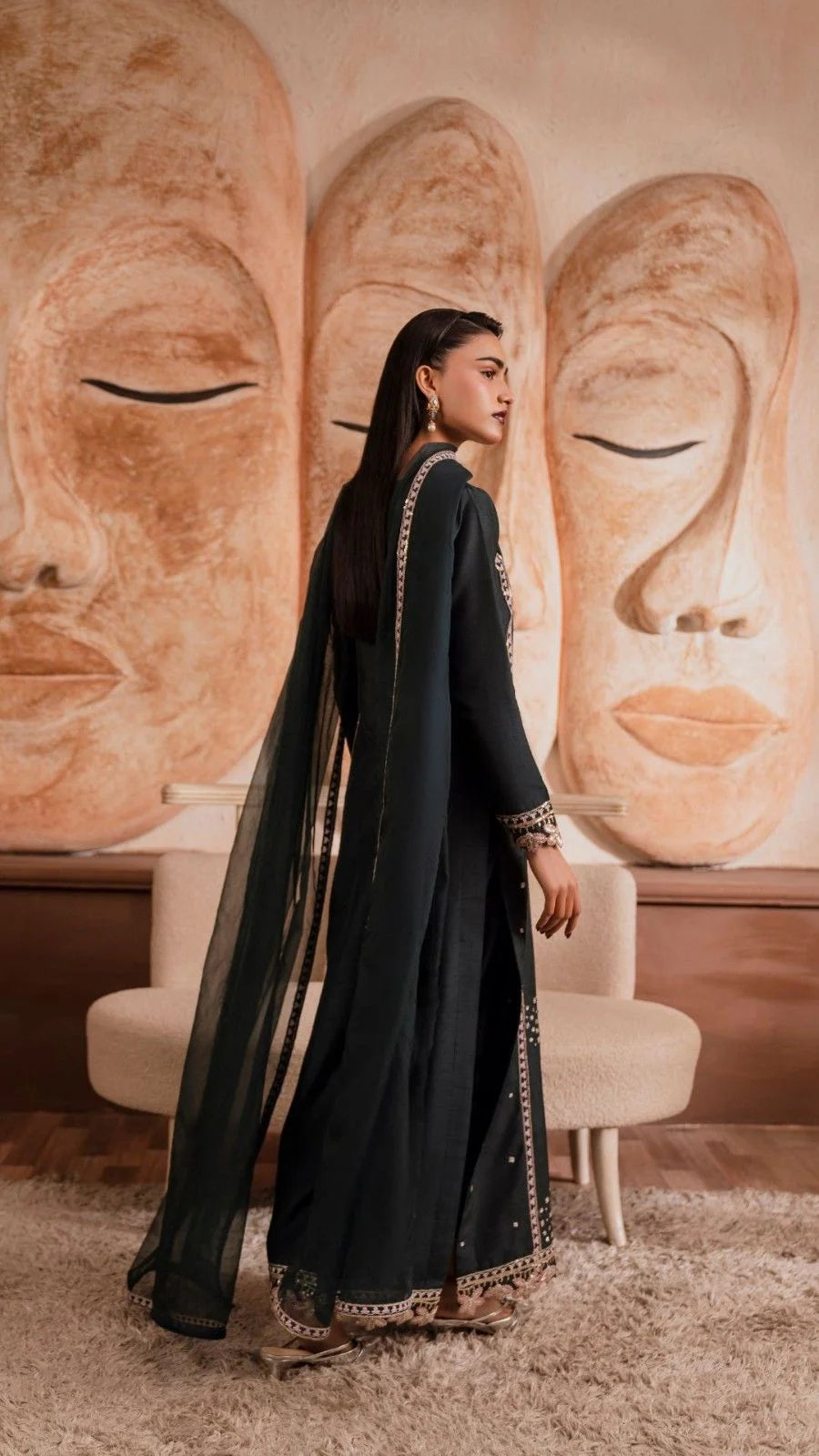 Velour Teal formal outfit styled with matching dupatta, Rubina Irfan Divine Light collection