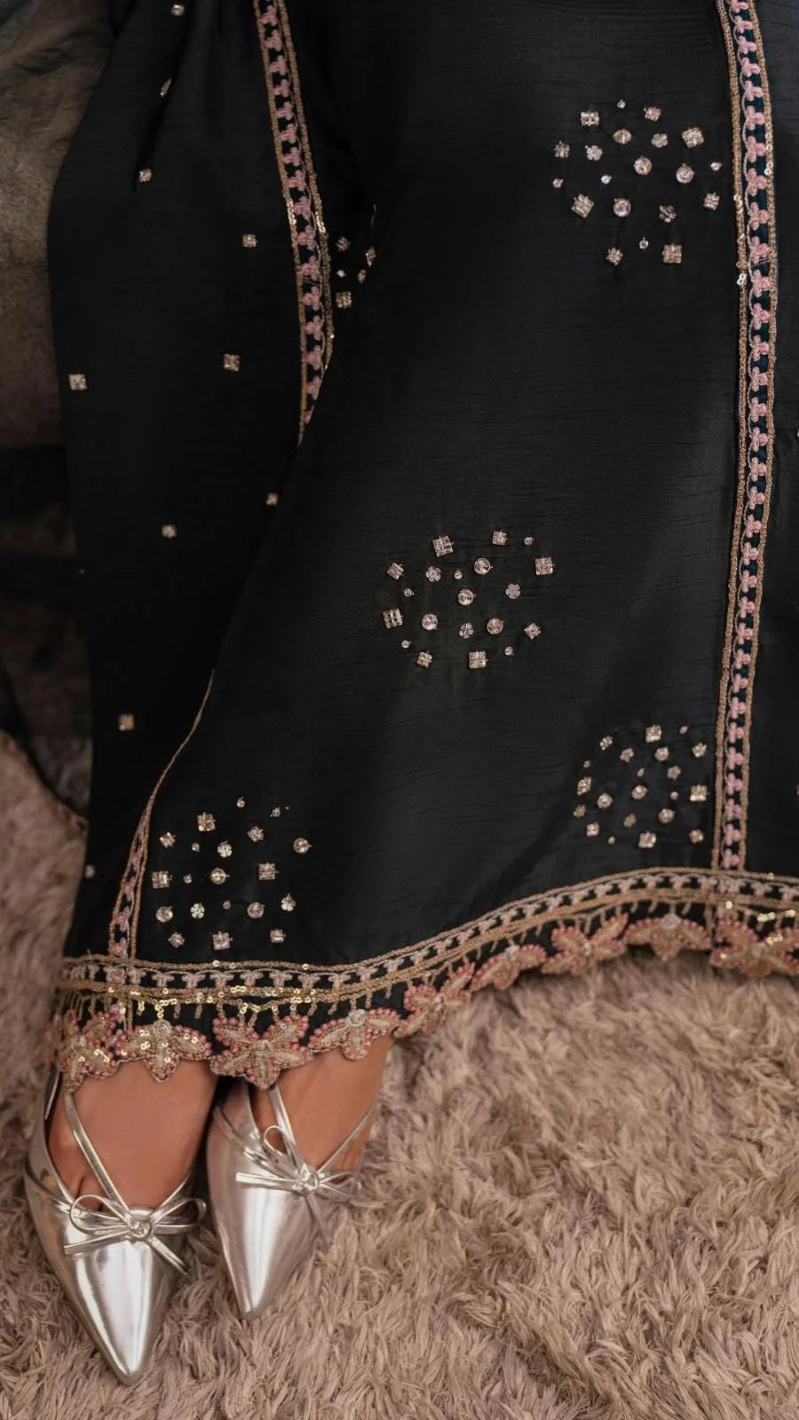 Close-up of fabric detail on the Velour Teal outfit, Rubina Irfan Divine Light collection