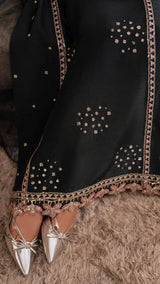 Close-up of fabric detail on the Velour Teal outfit, Rubina Irfan Divine Light collection