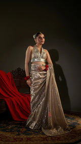 Woman in a sparkling silver saree with a dark background