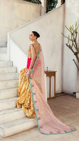 Woman in a traditional outfit standing on a staircase