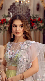 Woman in luxury Pakistani formal dress with floral embroidery and sheer dupatta, elegant party wear