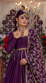 Woman in elegant purple embroidered formal dress with gold detailing and traditional jewelry