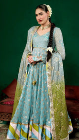 Woman in a traditional outfit with a green background