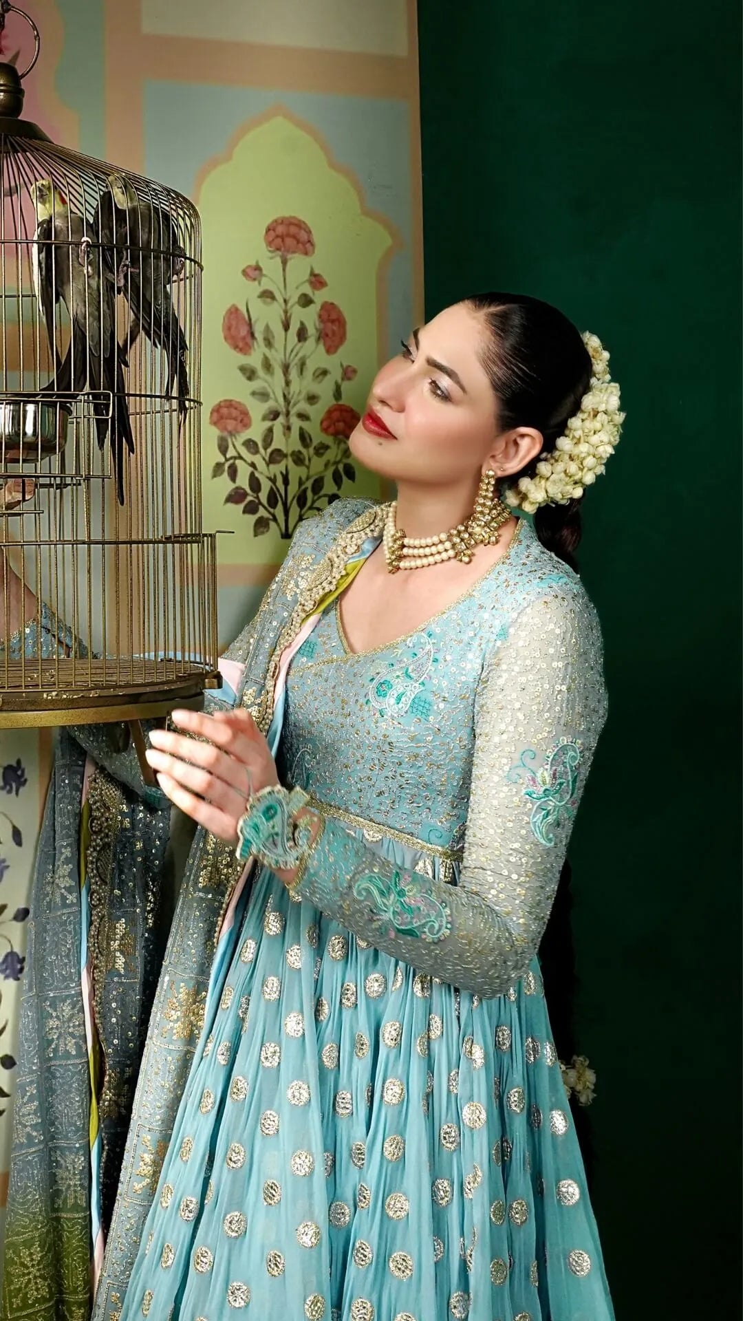 Woman in traditional attire holding a glass, with decorative elements and a birdcage in the background.