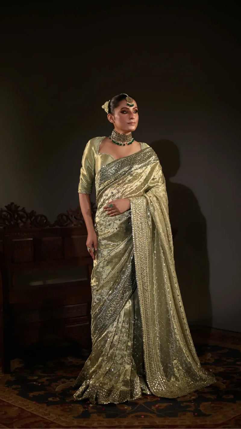 Woman in a traditional saree with intricate patterns against a dark background